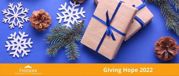 present wrapped in kraft paper with blue ribbon, snowflake, pinecone, and evergreen branch with Giving Hope 2022 in text