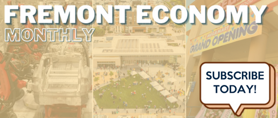 Fremont Economy Monthly and Subscribe Today in text and conversation bubble with factory, downtown event center and plaza, grand opening sign 