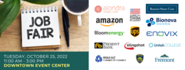 notebook with Job Fair in text, pen, coffee mug, sponsor logos, and Tues, Oct. 25 11am to 3pm Downtown Event Center, 3500 Capitol Avenue in text