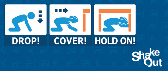 illustration of person on knees on floor; under table covering head; and under table holding on and  Drop! Cover! Hold On! Shake Out in text