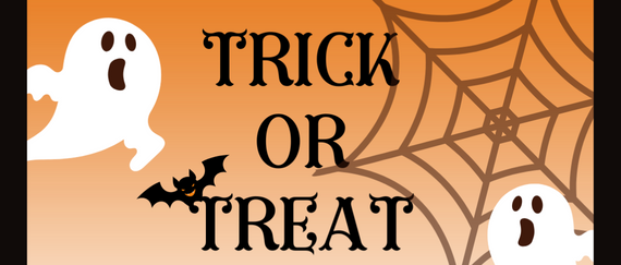 ghosts, spiderwebs, bat, sponsor logos. In Text: Trick or Treat