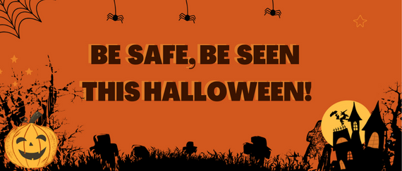 spider web, spiders, pumpkins, spooky mansion and Be Safe, Be Seen This Halloween! in text