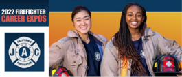 two female firefighters in uniform holding helmets with 2022 Firefighter Career Expos in text and sponsor logo