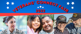 male and female military veterans of varying age smiling with stars and Veterans' Connect Fair 2022 in text