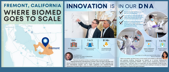 map of Fremont, people working in labs. In text: Fremont, CA Where Biomed Goes to Scale; Innovation is in our DNA