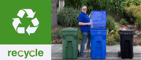 man putting plastic bottle in recycling cart with two other carts next to it and three arrows recycling symbol with Recycle in text