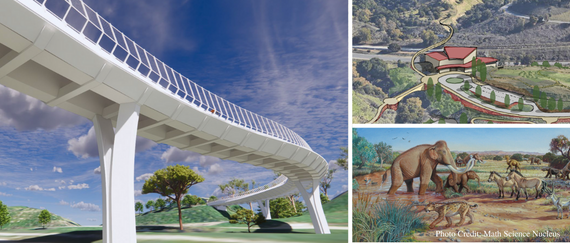 artist renderings of fossil bridge, Sabercat museum, and elephants, cheetah, and zebras roaming