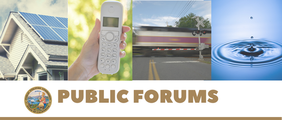 solar panel on roof, hand holding cordless phone, train at crossing, drop of water, State of California logo, and Public Forums in text
