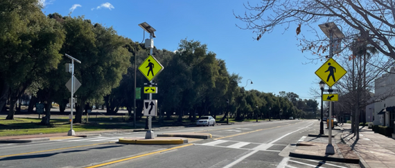 flashing beacons at Mission Blvd. and Ohlone College on roadway
