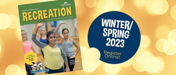 Recreation Guide with girls on cover dancing. Winter/Spring 2023 Register Online in text