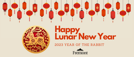 paper lanterns and rabbit in medallion. In text: Happy Lunar New Year, 2023 Year of the Rabbit, City of Fremont logo with peaks
