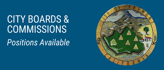 City seal with mosaic tiles. In text: City Boards & Commissions Positions Available