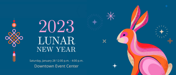 rabbit, hanging decoration. In text: 2023 Lunar New Year. Saturday, Jan. 28, 12pm-4pm, Downtown Event Center