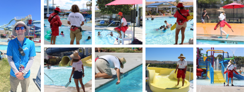 lifeguards, employees, and guests at waterpark in the pools and on slides
