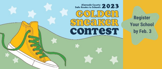 sneaker, hills, star. In text: Alameda County Safe Routes to Schools 2023 Golden Sneaker Contest, Register Your School by Feb. 3