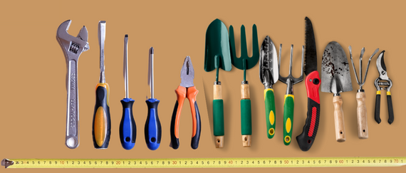 tools including wrench, screwdrivers, pliers, gardening shovels, trowels, shears, and tape measure