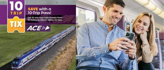 train traveling through country, man and woman sitting on train looking at smart phone. In text: 10 Trip Tix pass from ACE