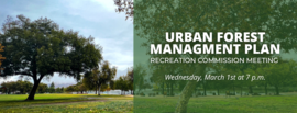 Fremont park with tree and lawn. In text: Urban Forest Management Plan, Recreation Commission Meeting, Wed, March 1 at 7pm