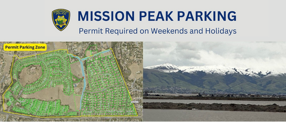 view of snow capped mission peak and permit parking zone map. Mission Peak Parking Permit Required on Weekends and Holidays in text