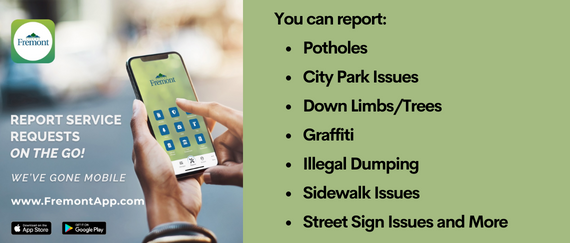 person holding mobile phone with Fremont app. In text: Report service requests on the go www.fremontapp.com