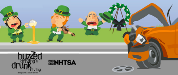 leprechaun standing next to crashed vehicle. In text: The hardest part of St. Patrick's Day is the Mourning After. Plan Ahead for a Sober Ride.