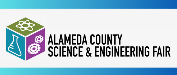 cube with science and engineering related icons. Alameda County Science and Engineering Fair in text