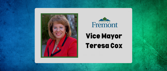 Vice Mayor Teresa Cox headshot with City of Fremont logo. In Text: Vice Mayor Teresa Cox 
