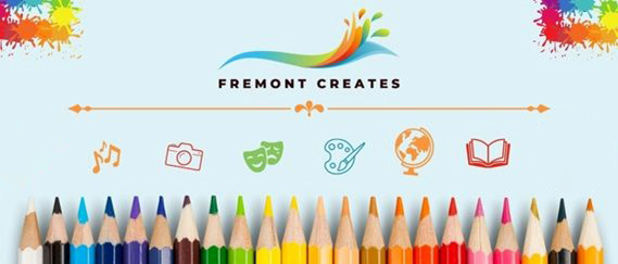 colored pencils and icons for music, camera, theater, paint easel, globe, book. Fremont Creates in text