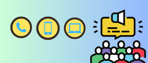 icons for phone, mobile, computer and people standing underneath conversation bubble with bull horn