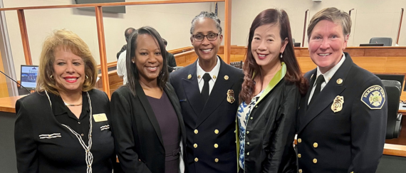 From left to right: Councilmember Cox, City Manager Shackelford, Fire Chief Diaz, Mayor Mei, and Deputy Chief Mozdean