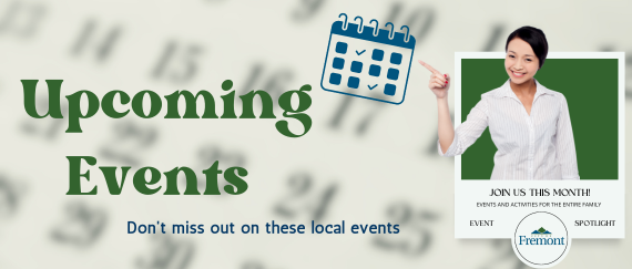 calendar with woman pointing. In text: Upcoming Events, Don't miss out on these local events, Event and Activities for the Entire Family!