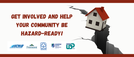 house after an earthquake with cracked roadway. Get Involved and Help Your Community be Hazard-Ready in text. Participating public agency logos
