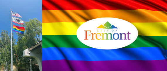 rainbow and American flags on flagpole at City Hall with rainbow and Pride Month 2022 text