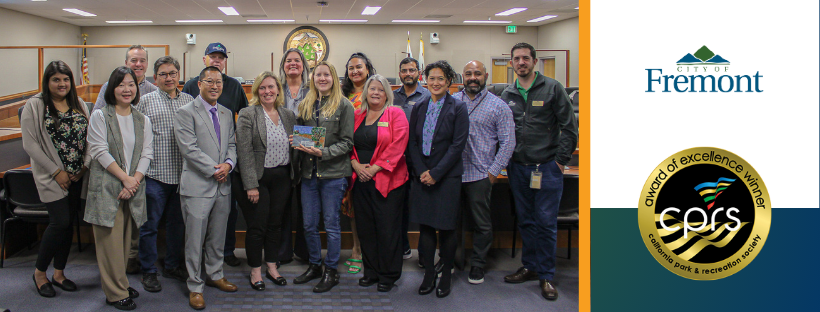 City staff and Recreation Commission receiving award of excellence in marketing/communications from California Parks & Recreation Society (CPRS)