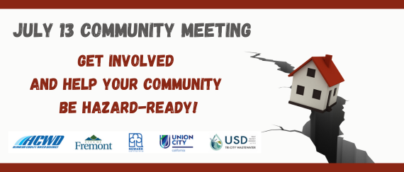house with cracked roadway. July 13 Meeting, Get Involved and Help Your Community be Hazard-Ready in text. Participating public agency logos