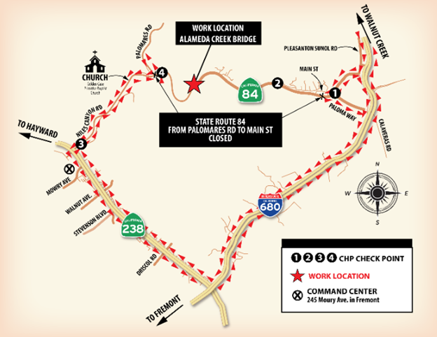 map of Full Closure of State Route 84 in Niles Canyon between Palomares Road in Fremont to Main Street in Sunol on Weekend of July 14-17, 2023