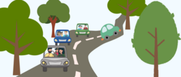cars with passengers driving on a road surrounded by trees