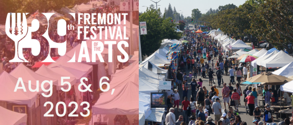 crowd walking on street with vendor booths. In text: 39th Fremont Festival of the Arts, Aug. 5-6, 2023