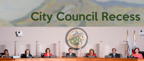 City Councilmembers sitting at dais. In text: City Council recess