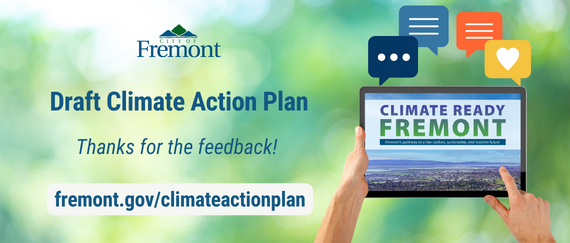 hands holding tablet with Climate Ready Plan cover displayed and conversation bubbles. In text: Draft Climate Action Plan, Thanks for your feedback!