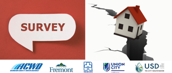 Survey in text bubble with house and cracked roadway. Participating public agency logos