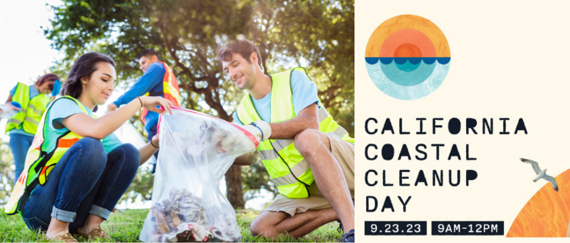 volunteers picking up trash in park. In text: Coastal Cleanup Day, September 23, 9am to 12pm