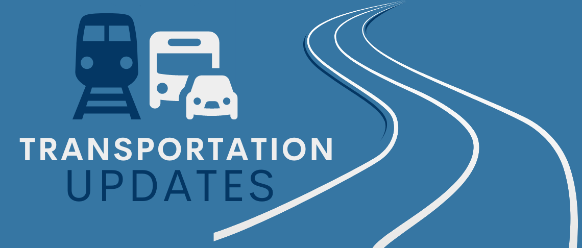 icons of train, bus, car, road. In text: Transportation Updates