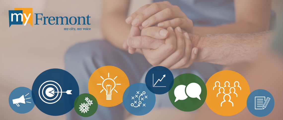 two people holding hands for comfort. Share your feedback on MyFremont platform with icons representing community engagement