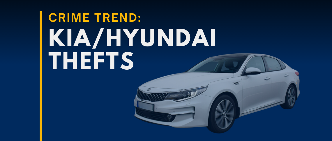 vehicle pictured with text that reads: Crime Trend: Kia/Hyandai Thefts