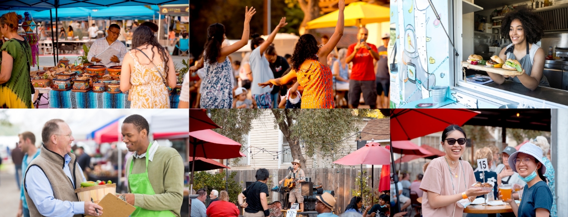 event goers eating and drinking, visiting booths, taking classes, and listening to music