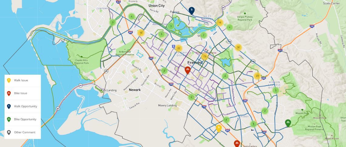 Fremont map noting walking and biking opportunities and issues