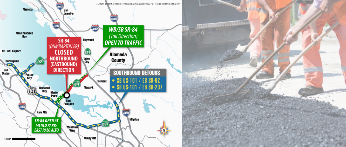 Dumbarton  Bridge closure map and detours of freeways and roadways with workers paving roadway