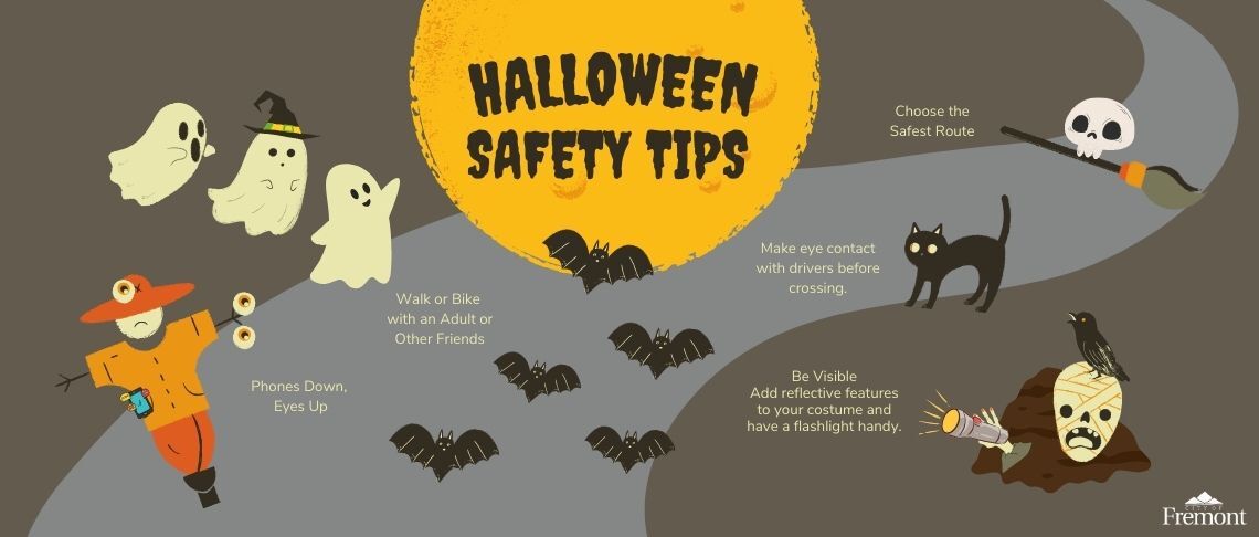 Halloween Safety Tips with ghosts, scarecrow, bats, skull and broom, cat, and mound of dirt with skull and crow. 