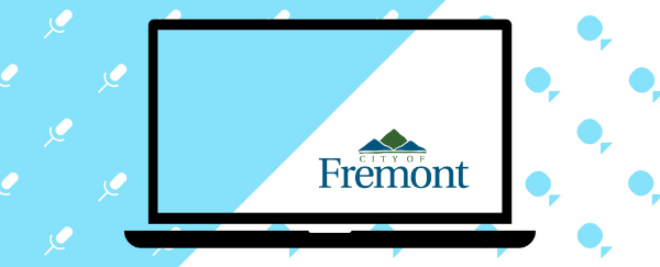laptop with City of Fremont logo and microphone and camera icons